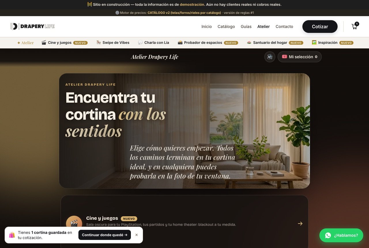Portada del Atelier Drapery Life: «Encuentra tu cortina con los sentidos», sala luminosa con cortinas sheer
