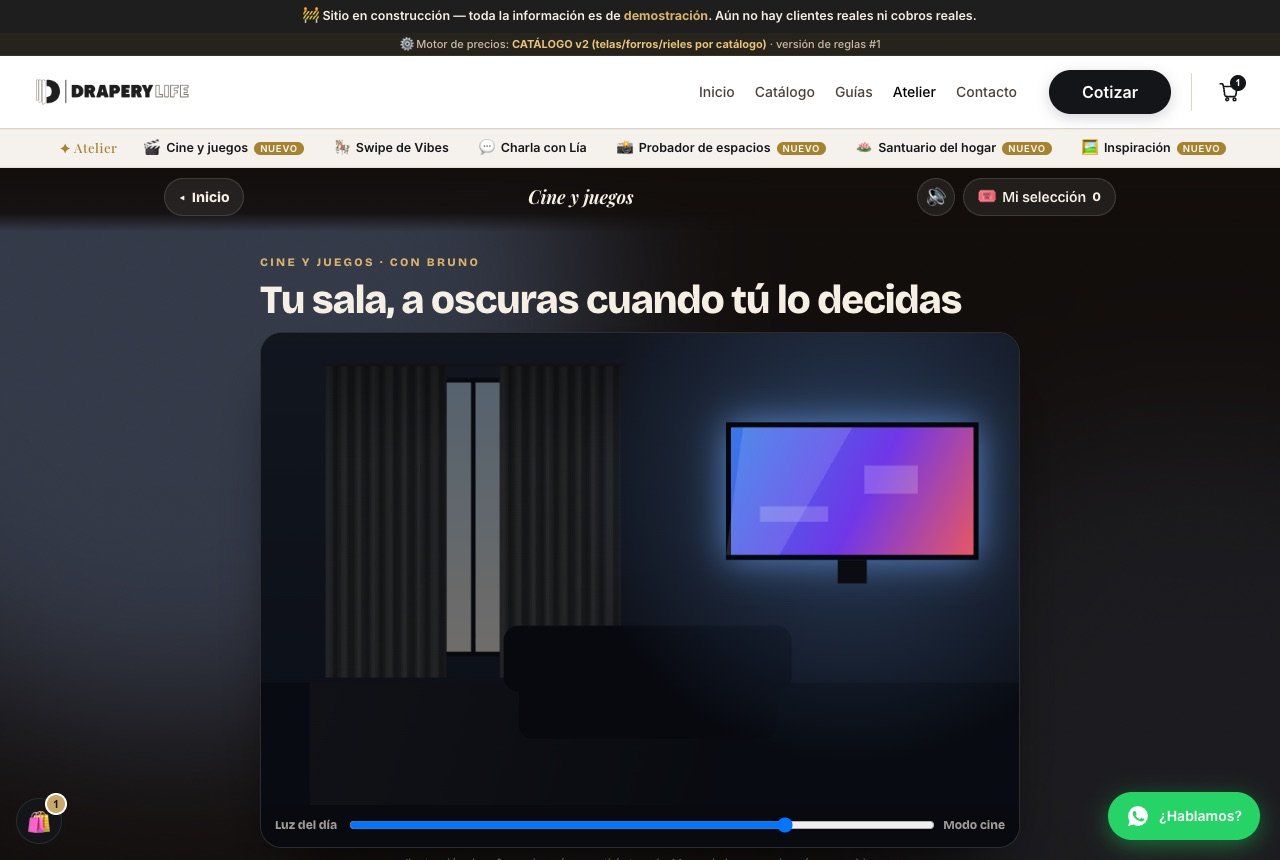 La barra «Luz del día → Modo cine» oscurece la sala ilustrada en tiempo real.