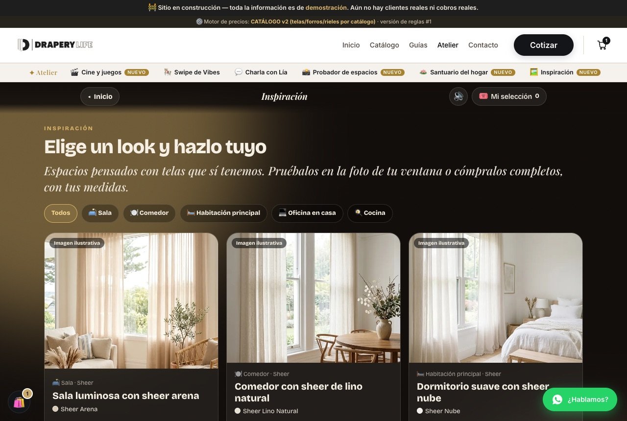 Looks listos, filtrables por espacio, hechos con telas que sí están en el catálogo.