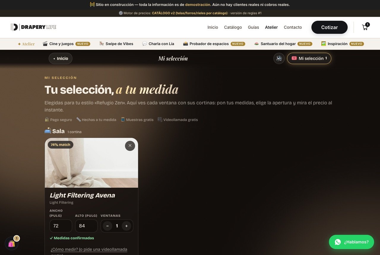 «Tu selección, a tu medida»: cada tela elegida con sus medidas, apertura, riel y precio.