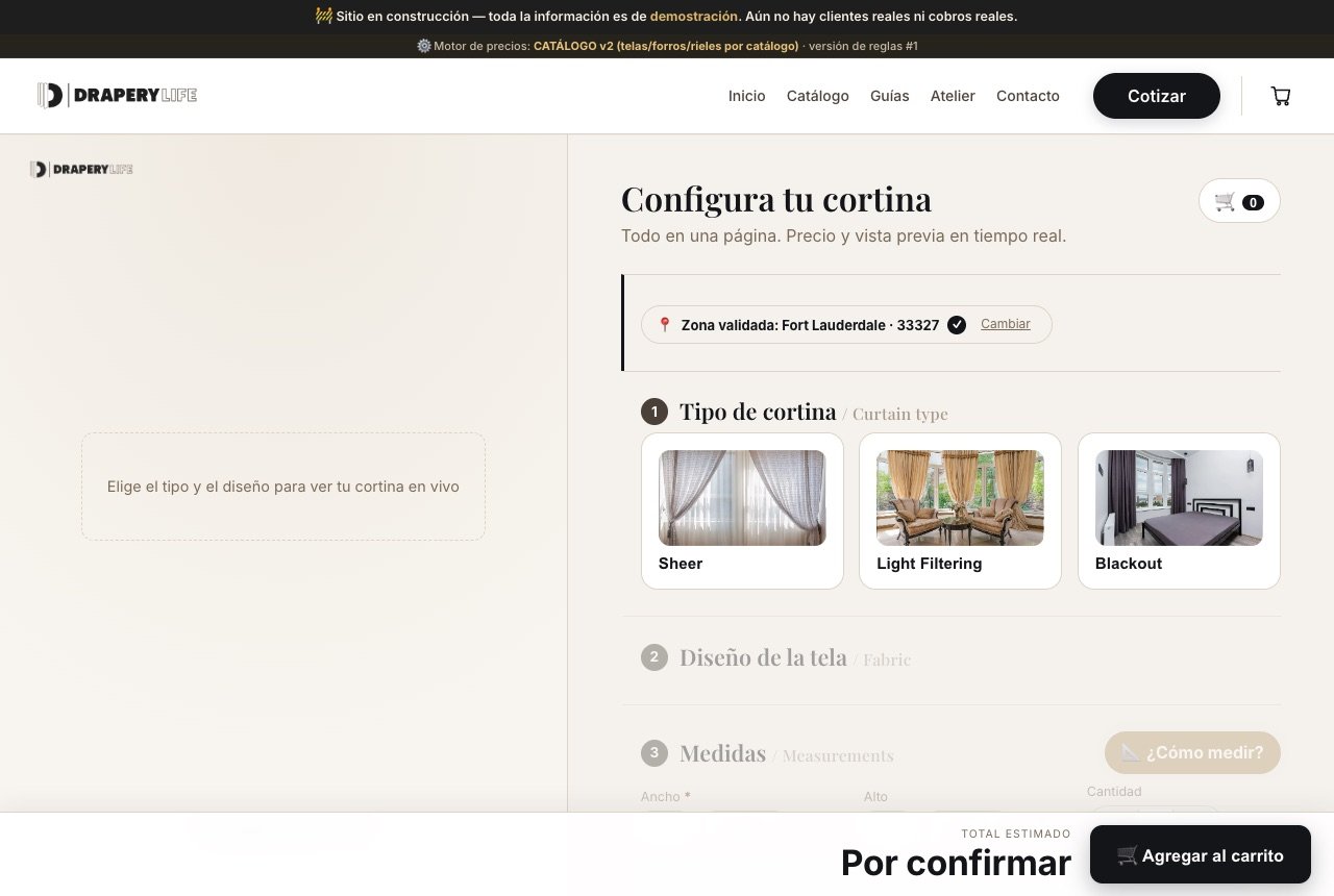 Zona validada: el configurador confirma la ciudad a partir del zipcode.