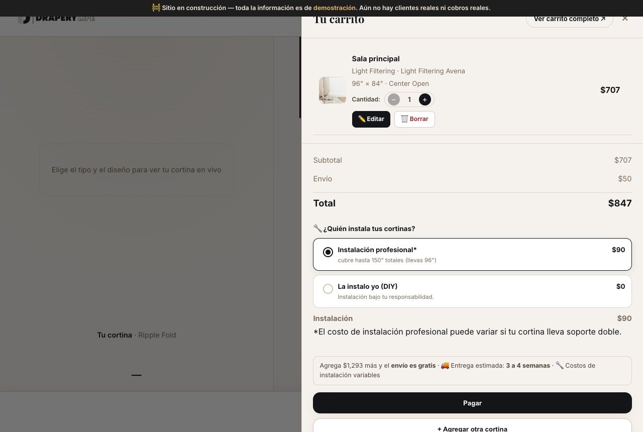 El carrito lateral: editar, duplicar cantidades y elegir entre instalación profesional o DIY.