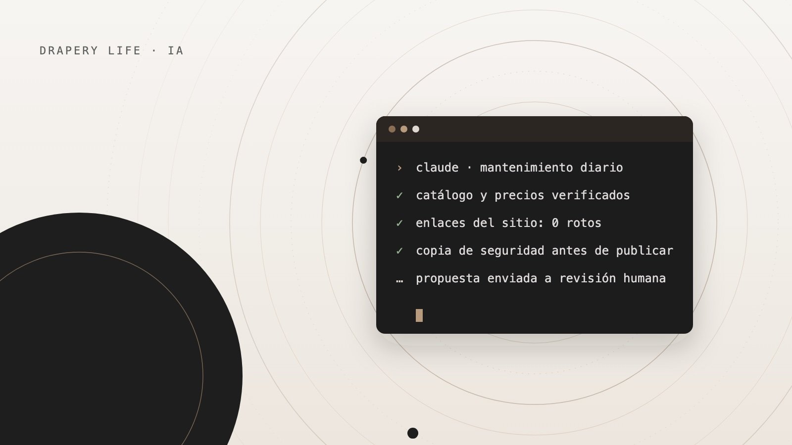 Ilustración: ventana de terminal con tareas de mantenimiento del sitio rodeada de órbitas concéntricas