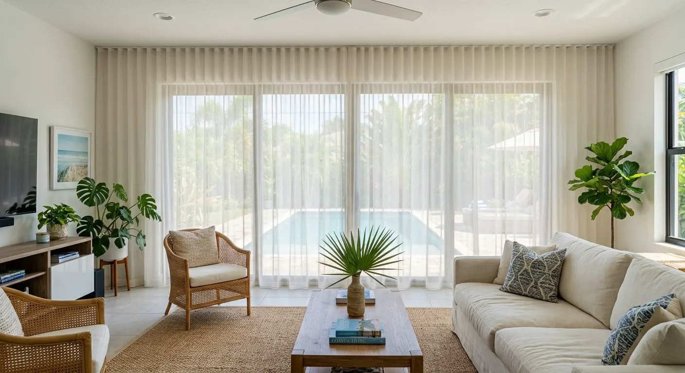 La misma sala con cortinas Sheer: luz suave y vista al exterior