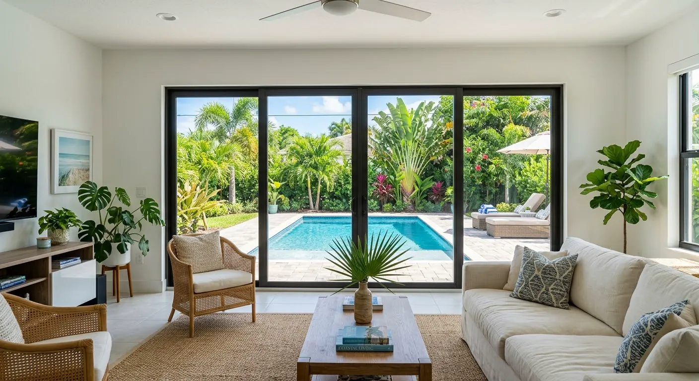 Sala con puertas de vidrio y vista a la piscina, sin cortinas